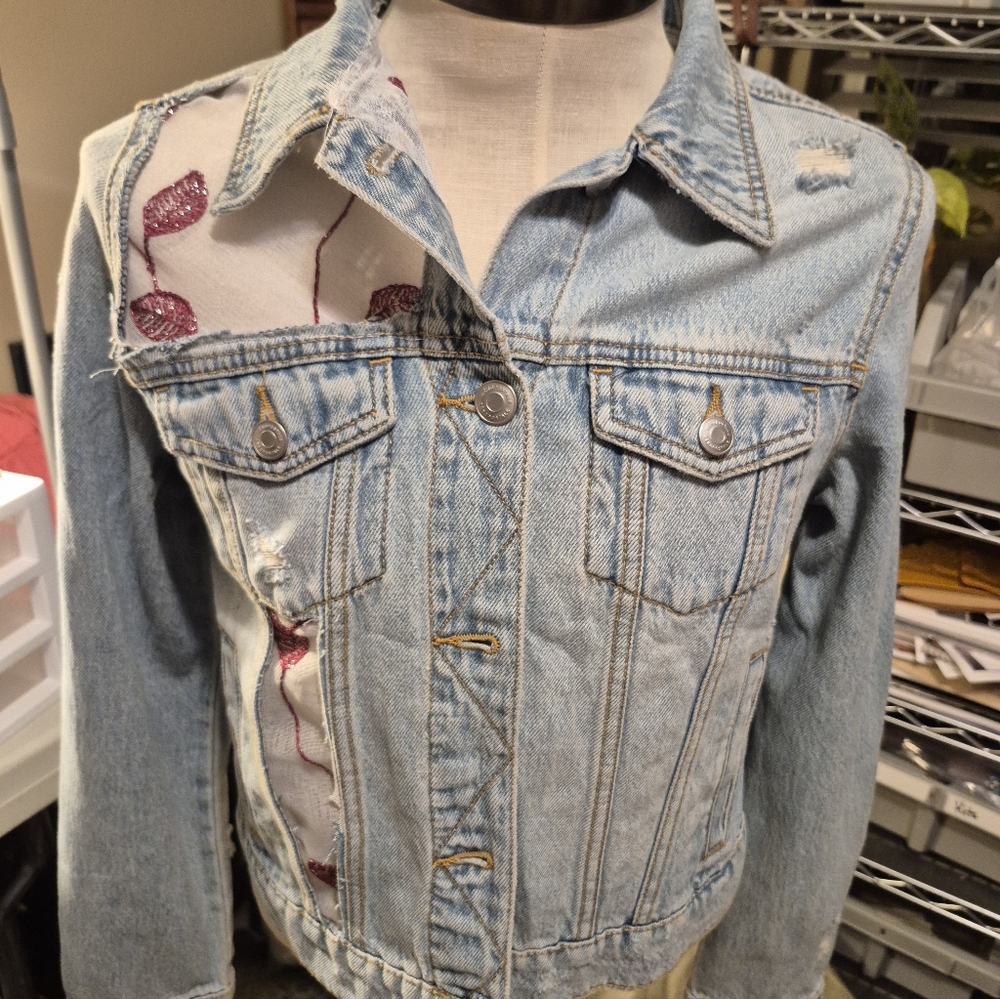 Aeropostale Light Blue Denim Jacket with Pink Embroidery